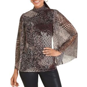 Chico's Leopard Print Sheer Pleated Cape Sleeves Ruffled Mock Neck Blouse Top